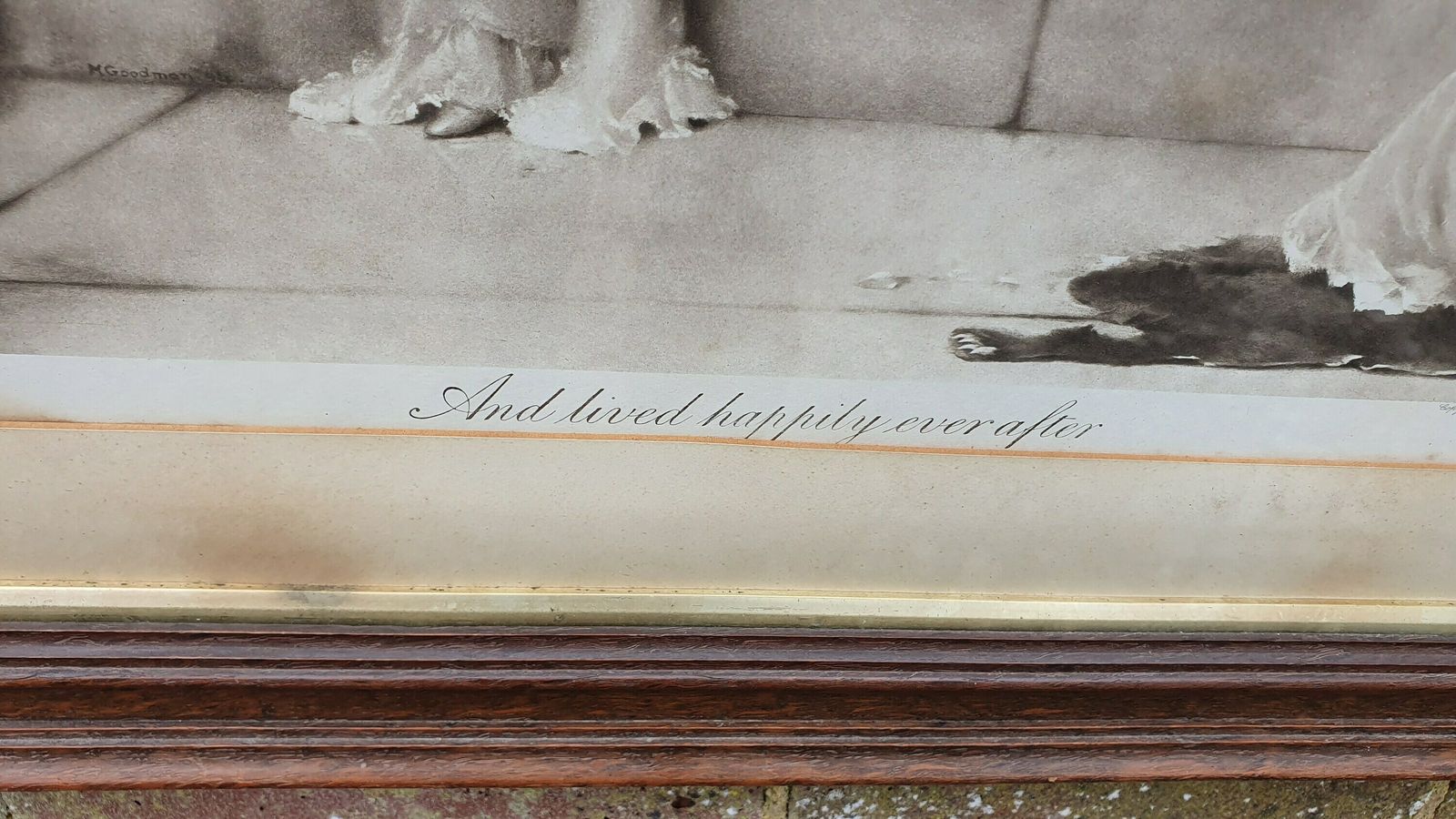 Large 'And Lived Happily Ever After' Antique Maude Goodman Victorian Black & White Pre Raphaelite Art Print Framed photo vintage