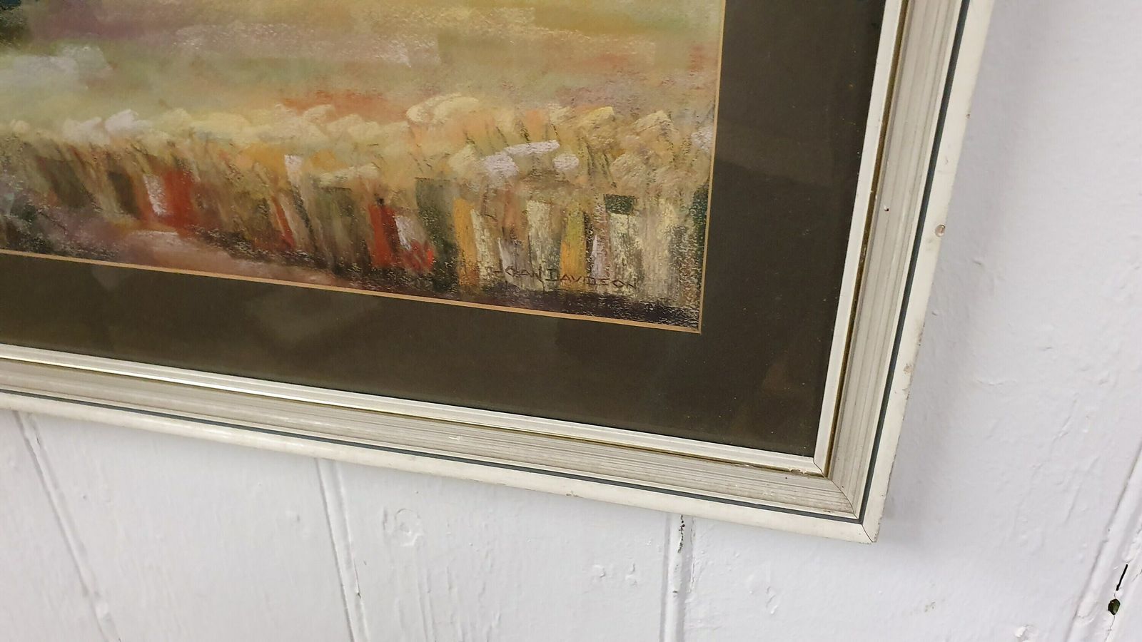 Large Retro Original Oil Pastel Painting Countryside Landscape In Glazed Wooden Frame photo 75.0