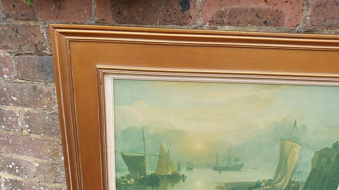 Large Quality 19th Century Harbour Scene Colour Art Print British Coast Nautical Landscape Gold Wood Frame Gilt photo furniture