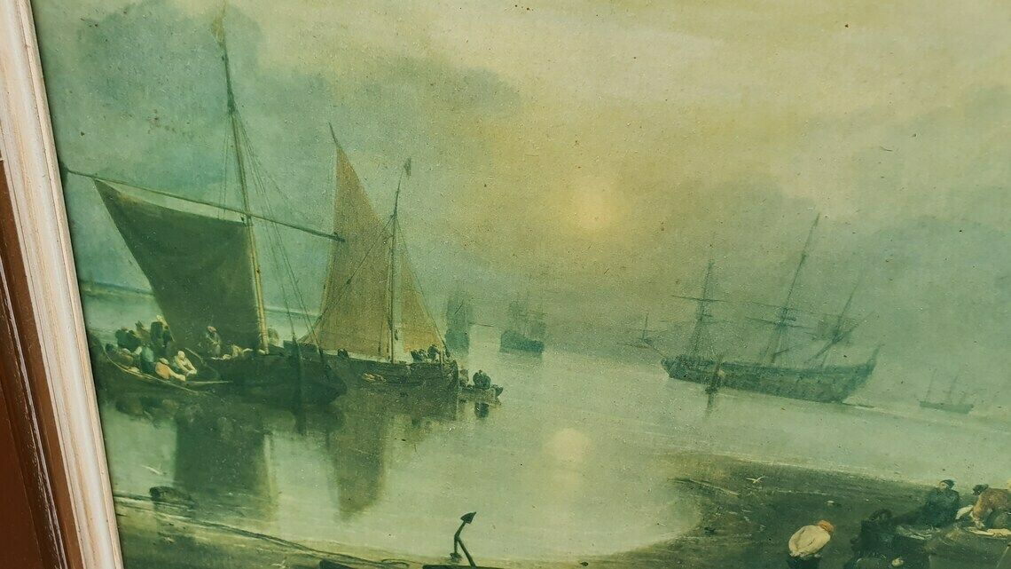 Large Quality 19th Century Harbour Scene Colour Art Print British Coast Nautical Landscape Gold Wood Frame Gilt photo vintage