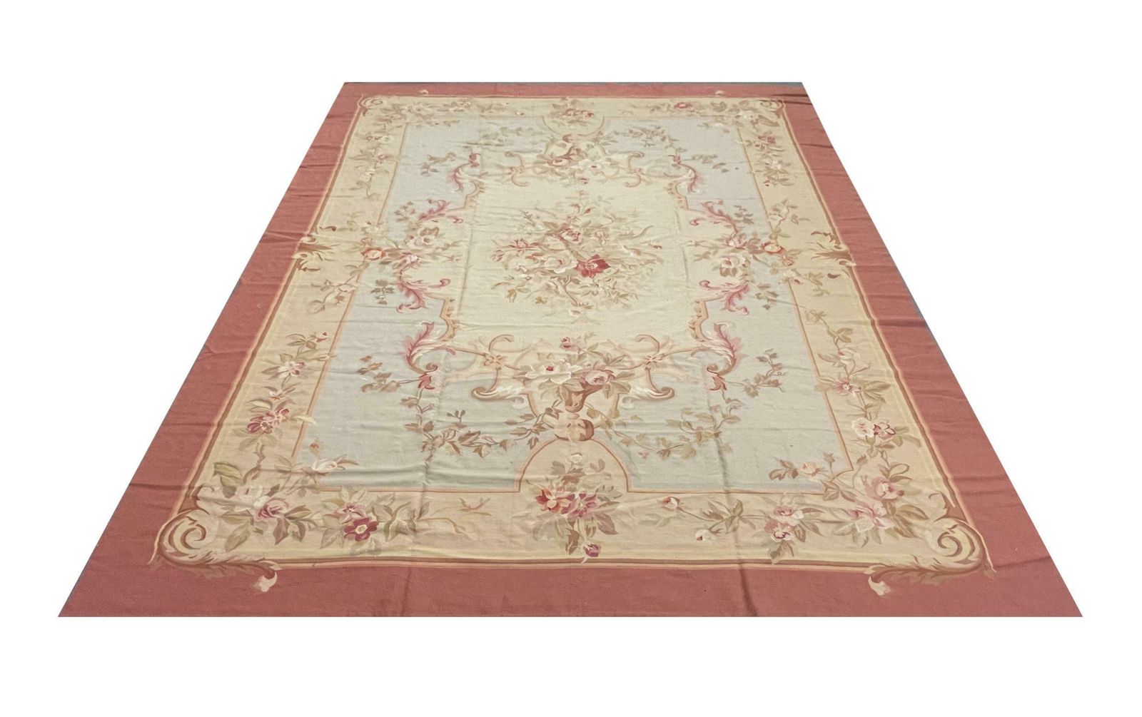 Handmade Carpet Blush Pink Blue Aubusson Rug, Extra Large Wool Tapestry Rug photo for sale
