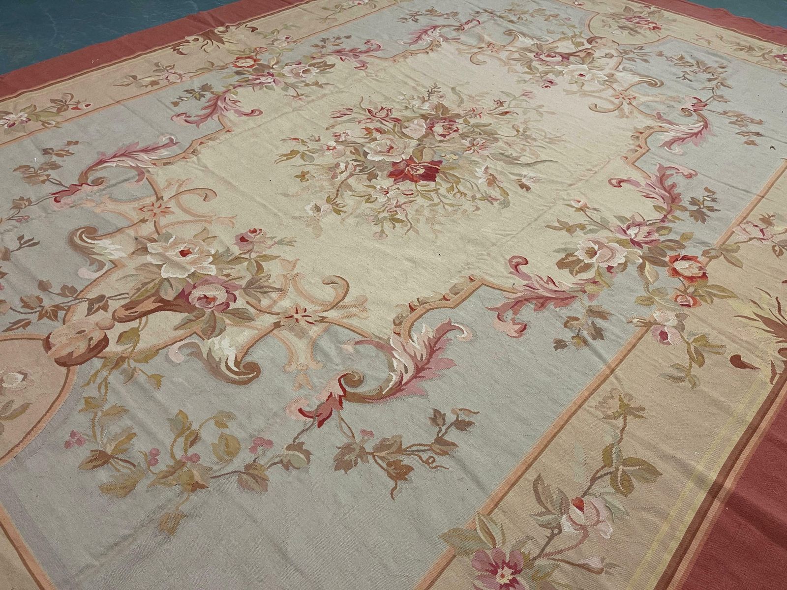 Textiles Handmade Carpet Blush Pink Blue Aubusson Rug, Extra Large Wool Tapestry Rug photo