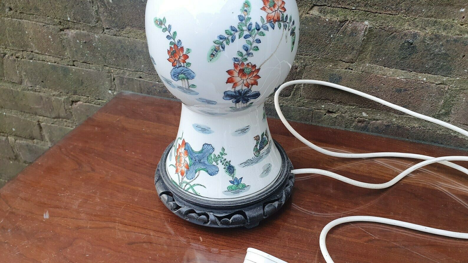 Oriental Style Ceramic And Wood Bedside Table Lamp Working Marks And Spencer Ducks Floral Foliage. photo Lighting