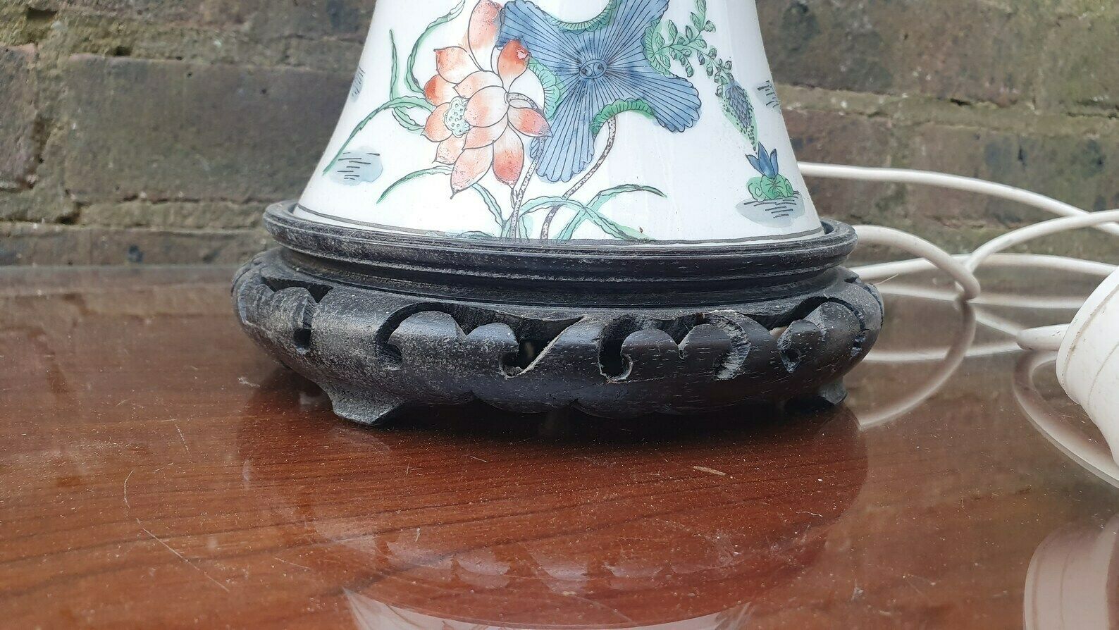 Oriental Style Ceramic And Wood Bedside Table Lamp Working Marks And Spencer Ducks Floral Foliage. photo vinterior