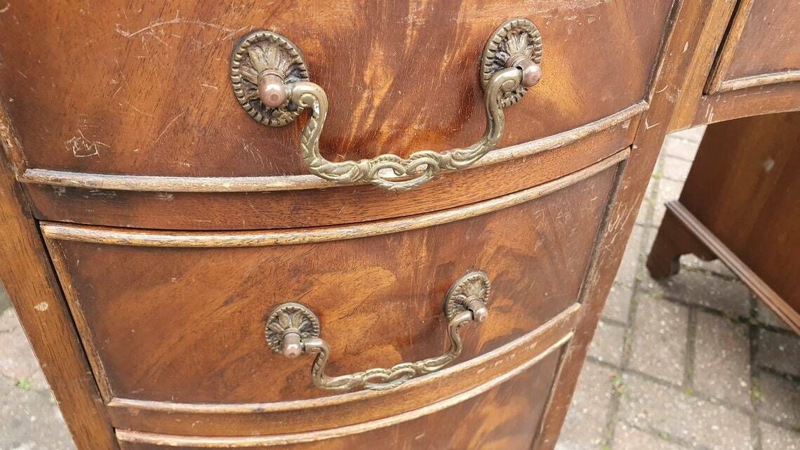 Vintage Serpentine Fronted Kneehole Desk Leather Top Pedestal photo buy