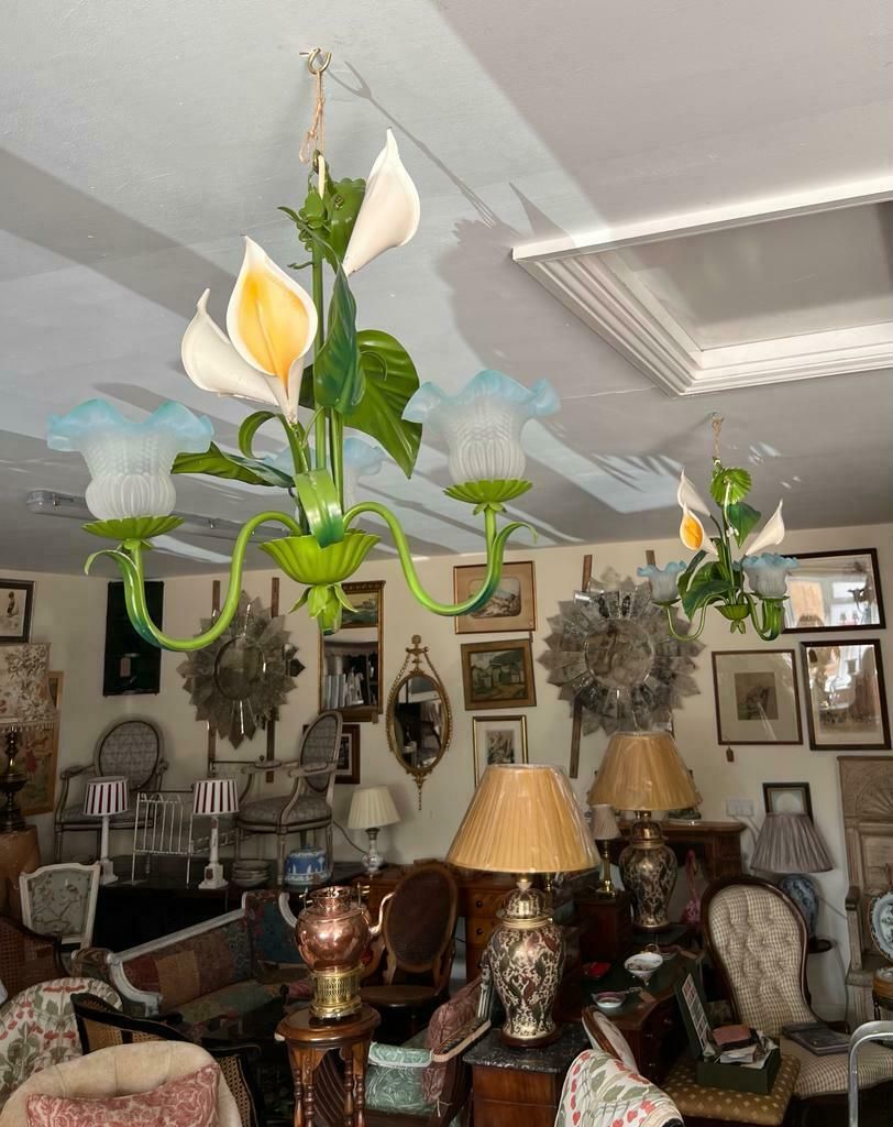 A Fantastic Pair Of Italian Metal 1960s Chandeliers With Painted Nalla Lilies photo furniture
