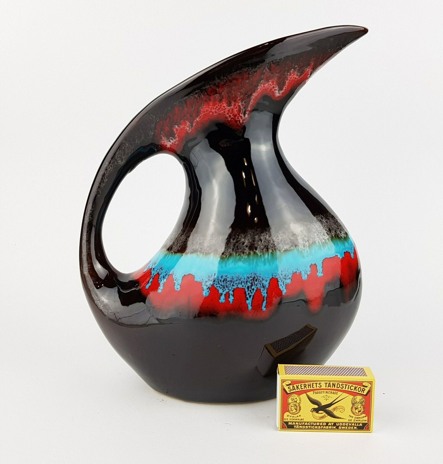 Vintage Vallauris Brown With Red And Blue Drip Glaze Jug Vase From France 1960s photo furniture