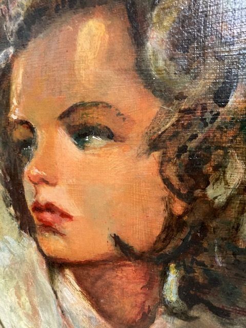 Oil Painting On Cardboard In A Lacquered Frame Woman's Face By P. Salatini From The 50s photo vinterior