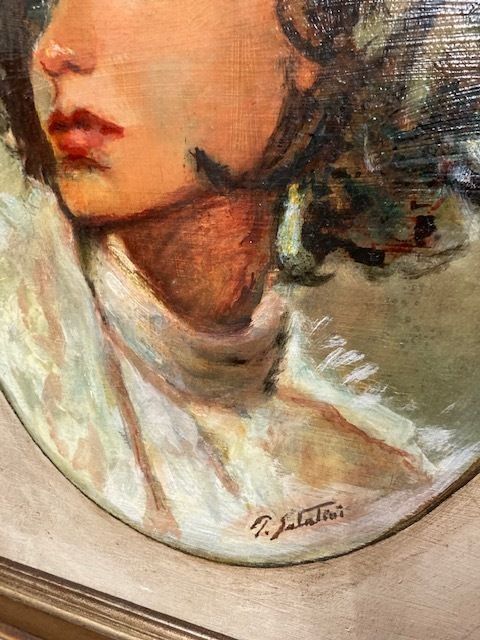 Oil Painting On Cardboard In A Lacquered Frame Woman's Face By P. Salatini From The 50s photo vintage