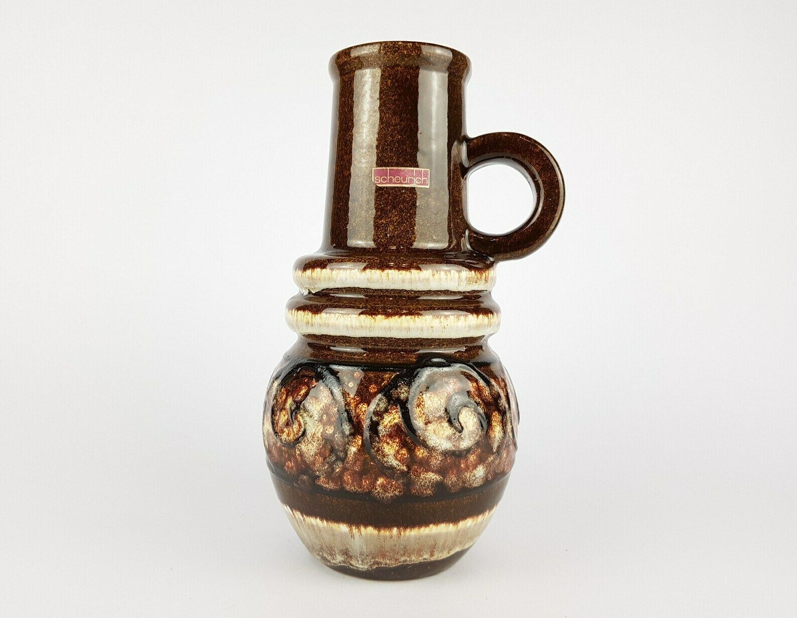 Vintage Scheurich Keramik Brown Fat Lava Handled Vienna Vase 428 26 West German Pottery 1970s