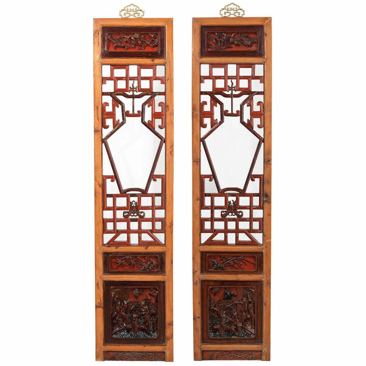 Pair Of Tall Lattice Window Panels, Natural And Red