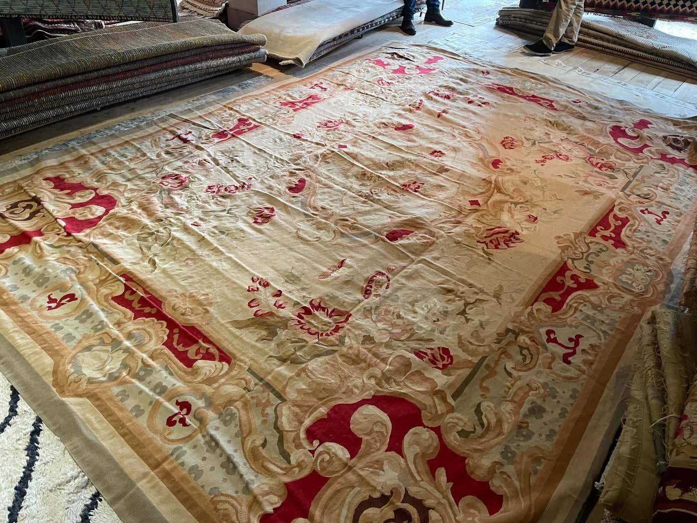 Antique Carpet Burgundy Beige Aubusson Rug, Extra Large Wool Tapestry Rug photo furniture