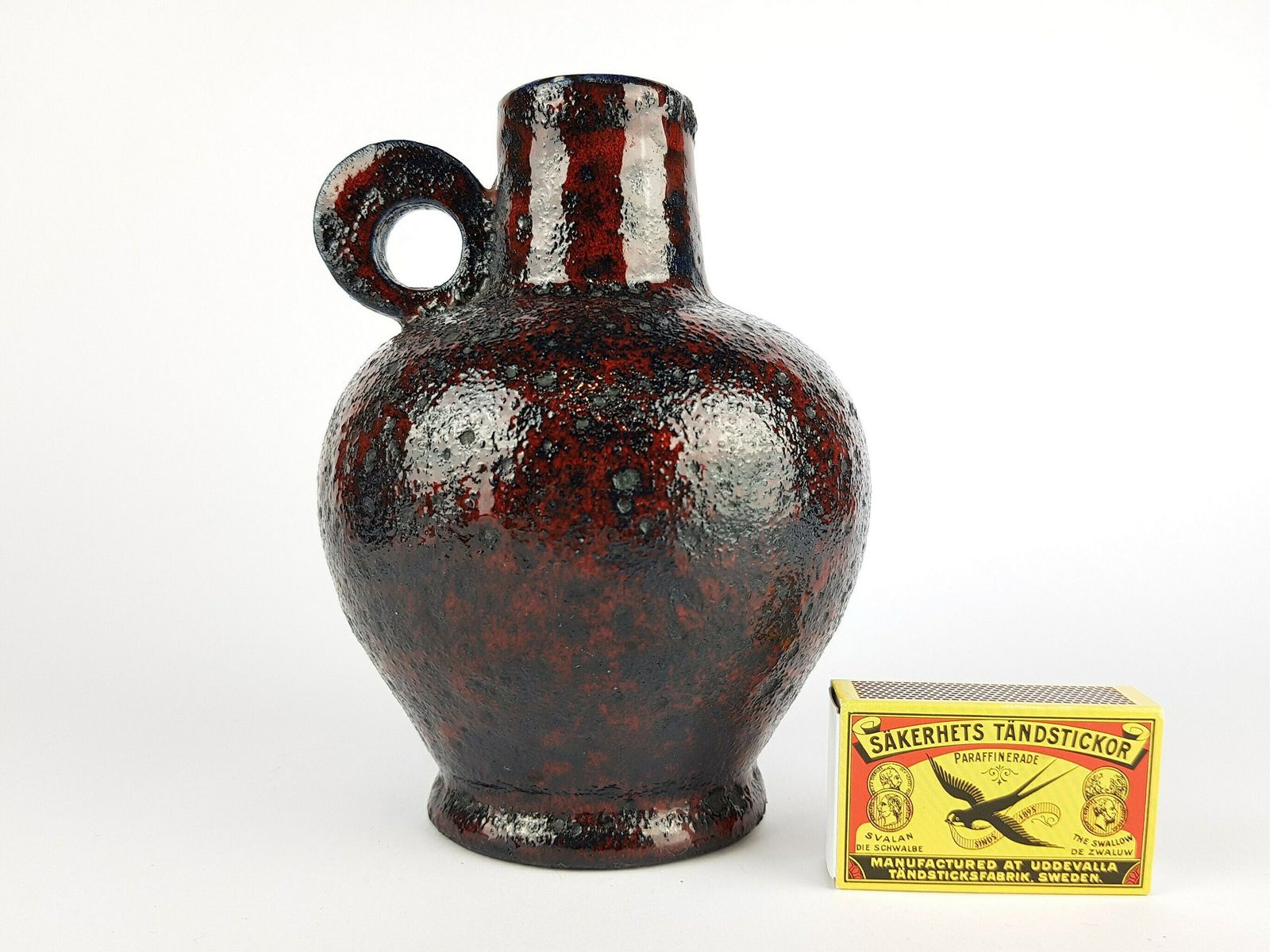 Vintage Red And Blue Rhein Ruhr Keramik Fat Lava Handled Vase 524 West German Pottery 1960s photo furniture