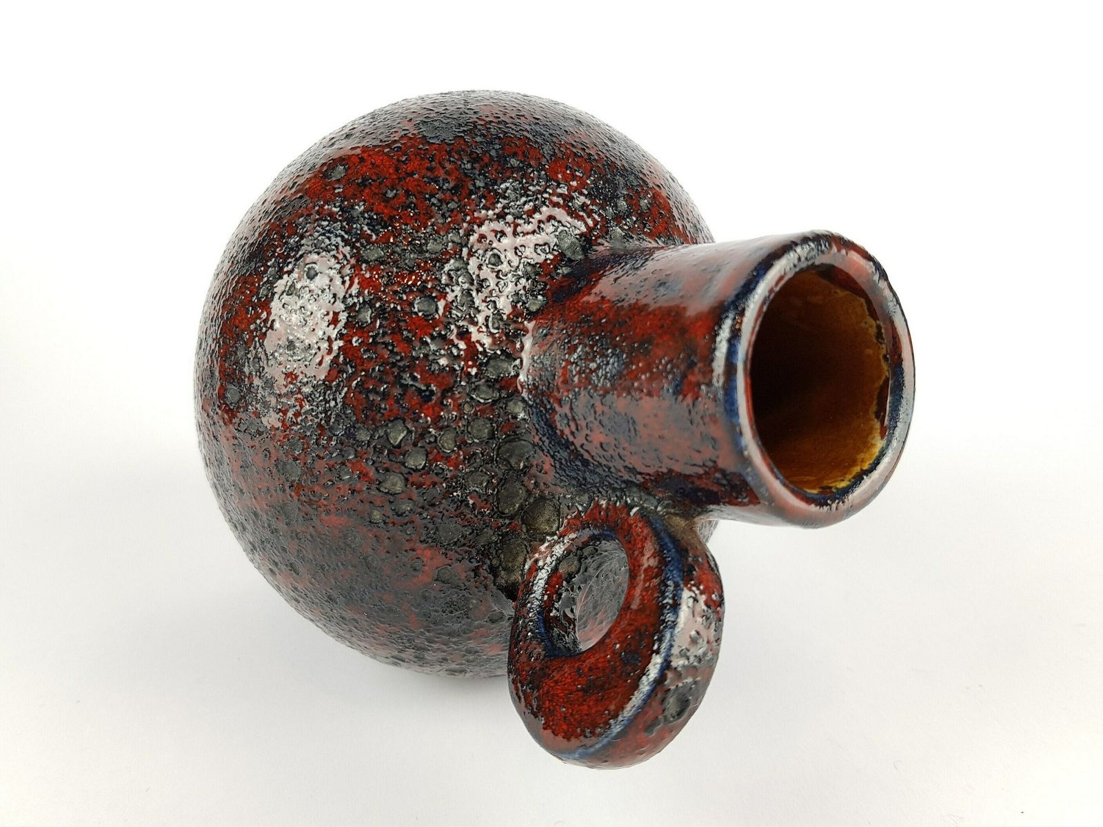 Vintage Red And Blue Rhein Ruhr Keramik Fat Lava Handled Vase 524 West German Pottery 1960s photo for sale