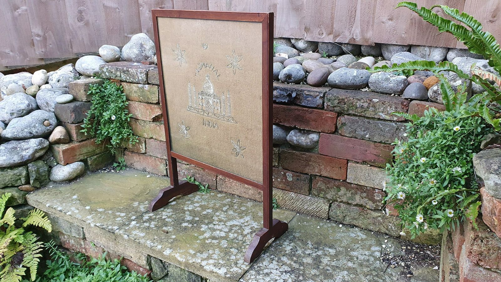 Unusual Pre War Oak Frame Fire Screen Of Taj Mahal Sequin Tapestry India photo furniture