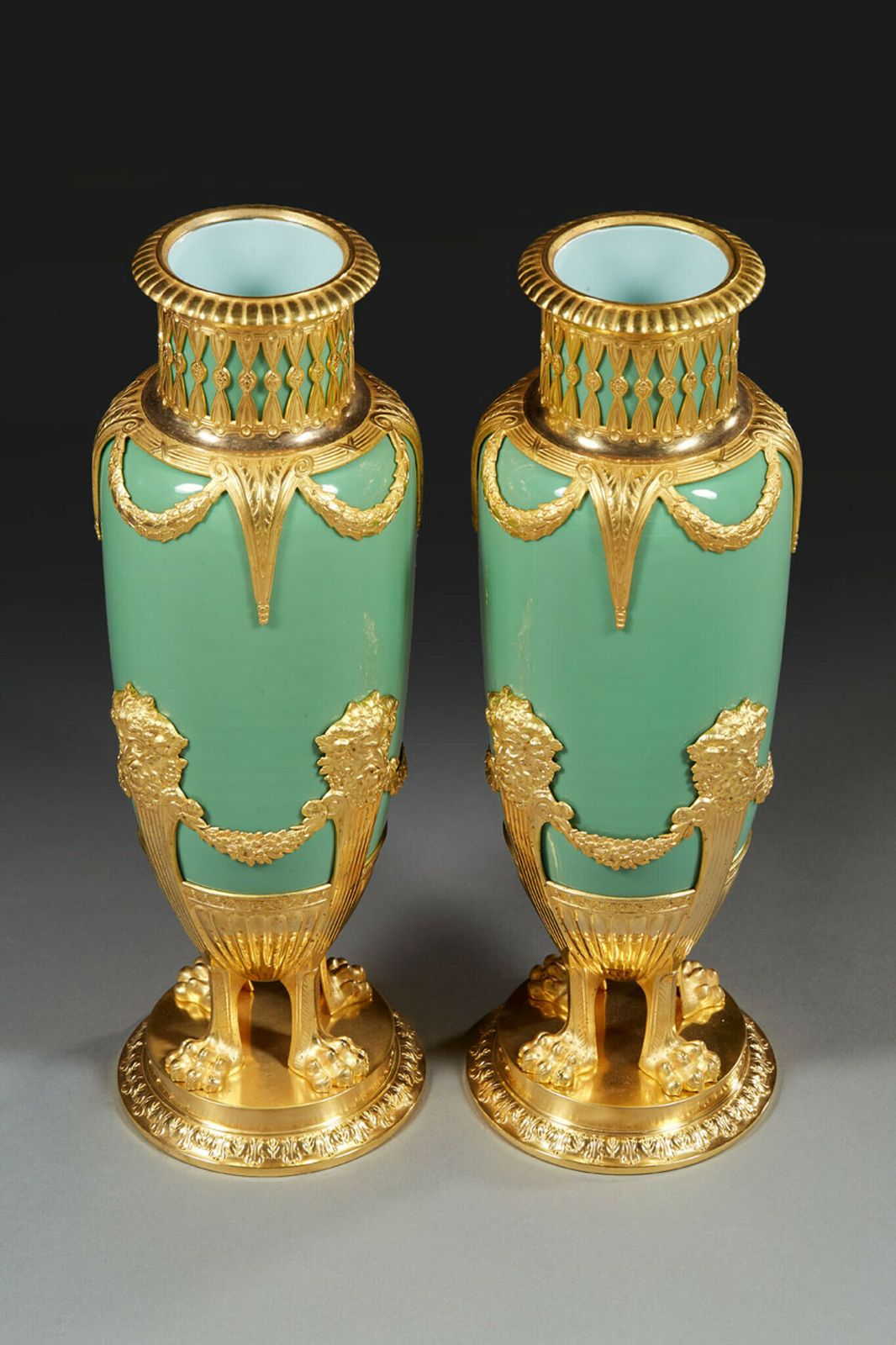 Pair Of Late 19th Century Jade Green Opaline And Gilded Brass Vases photo for sale