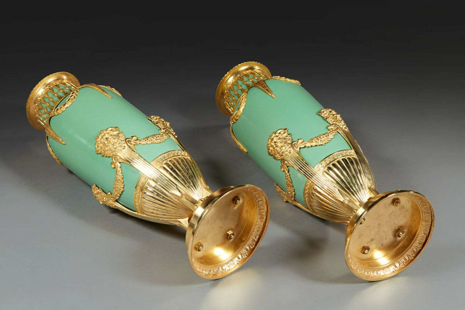 photo buy Pair Of Late 19th Century Jade Green Opaline And Gilded Brass Vases