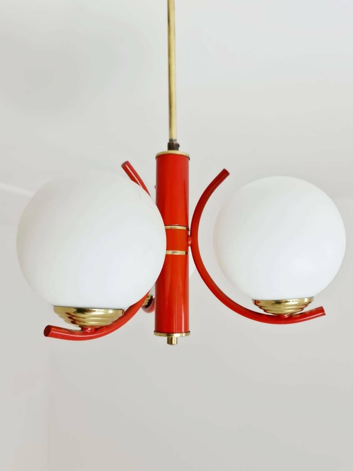 Space Age Ceiling Lamp/ Pendant Lamp By Richard Essig Sputnik Atom, Red And White 1970s photo furniture