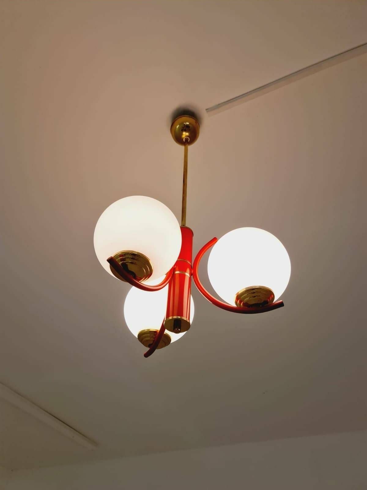 Space Age Ceiling Lamp/ Pendant Lamp By Richard Essig Sputnik Atom, Red And White 1970s photo 366.0