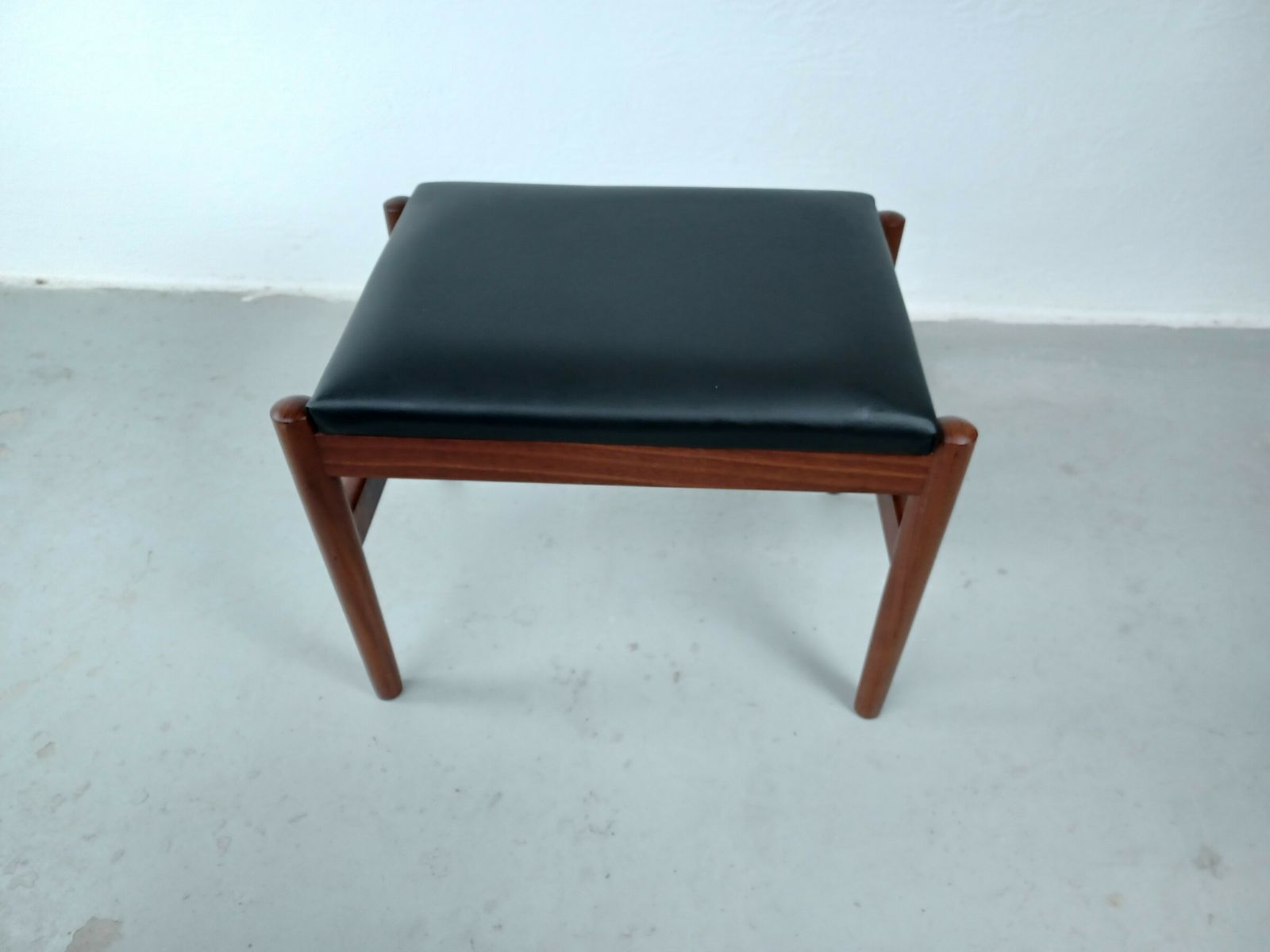 Restored Danish Teak Footstool Reupholstered In Black Leather 1960's photo furniture
