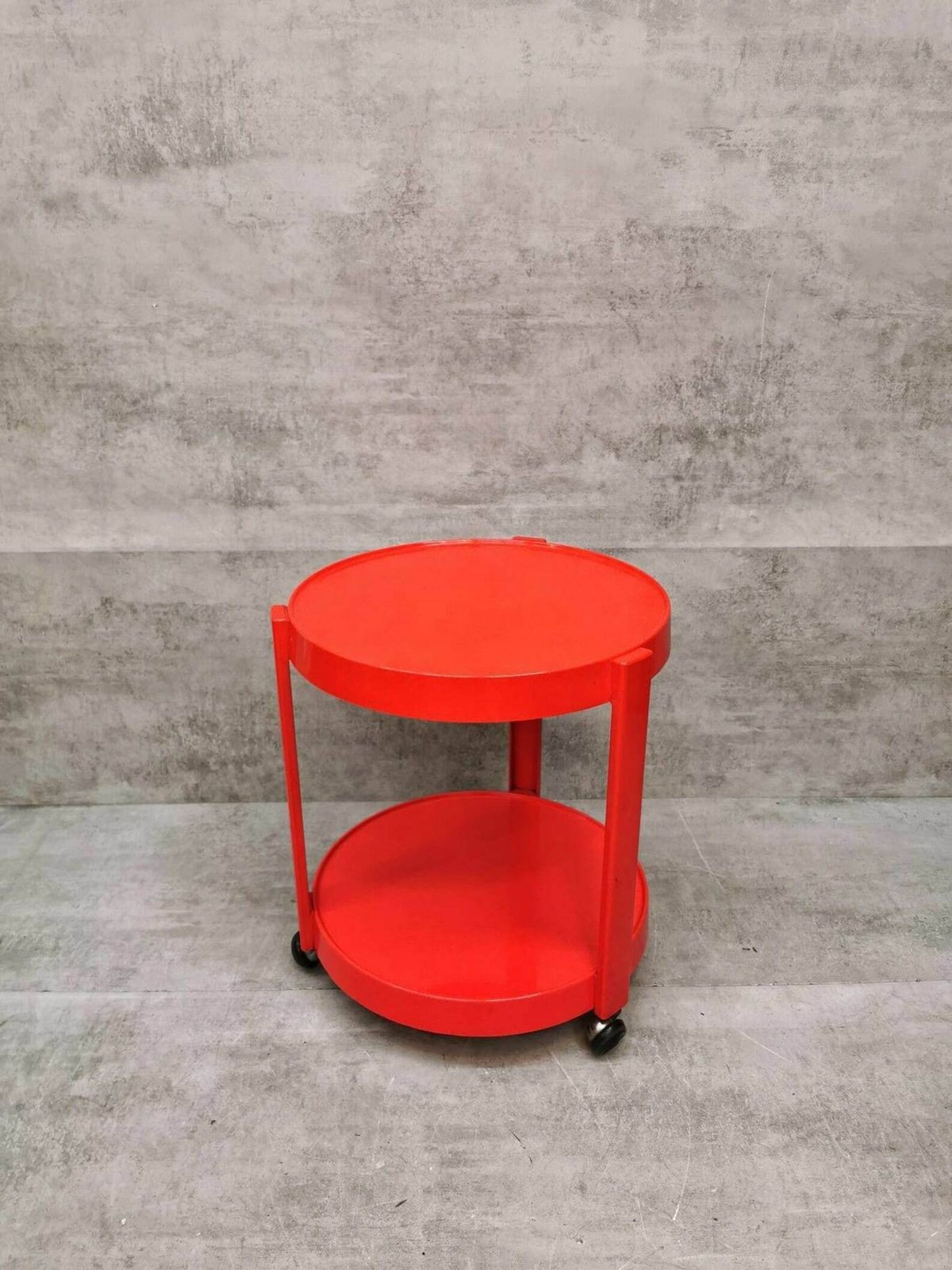 Mid Century Orange Plastic And Metal Chrome Round Italian Bar Cart 1950s