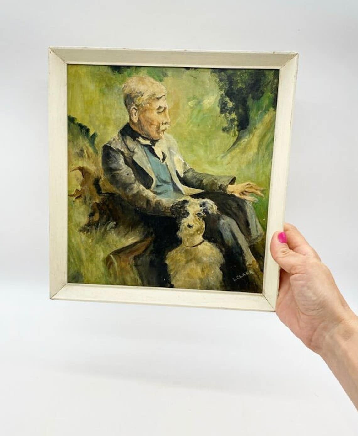 Vintage 1930s Small Portrait Of A Man With Dog Signed Oil On Board photo buy