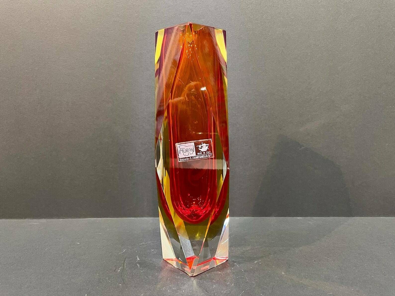 12 Sided Faceted Muranovase Sommerso Mandruzzato Signed, 1960s