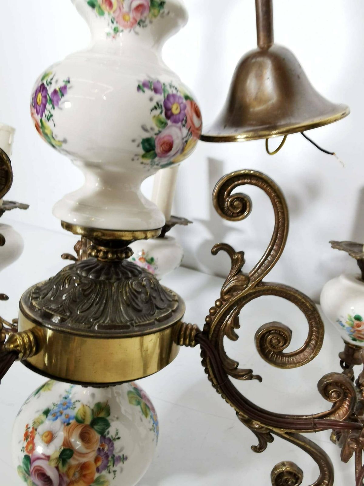 Italian Bronze And Porcelain Neoclassical Art Deco Chandelier 1930s photo for sale