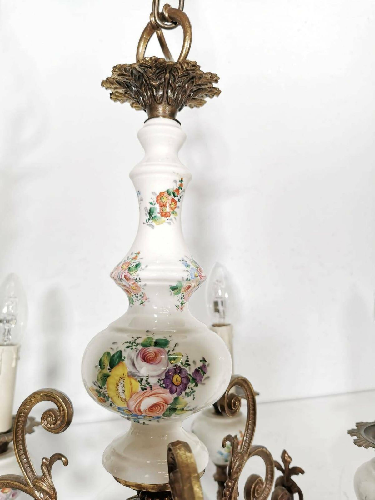 Italian Bronze And Porcelain Neoclassical Art Deco Chandelier 1930s photo Lighting