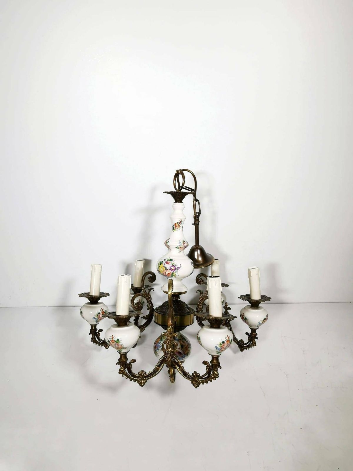 Italian Bronze And Porcelain Neoclassical Art Deco Chandelier 1930s photo vinterior