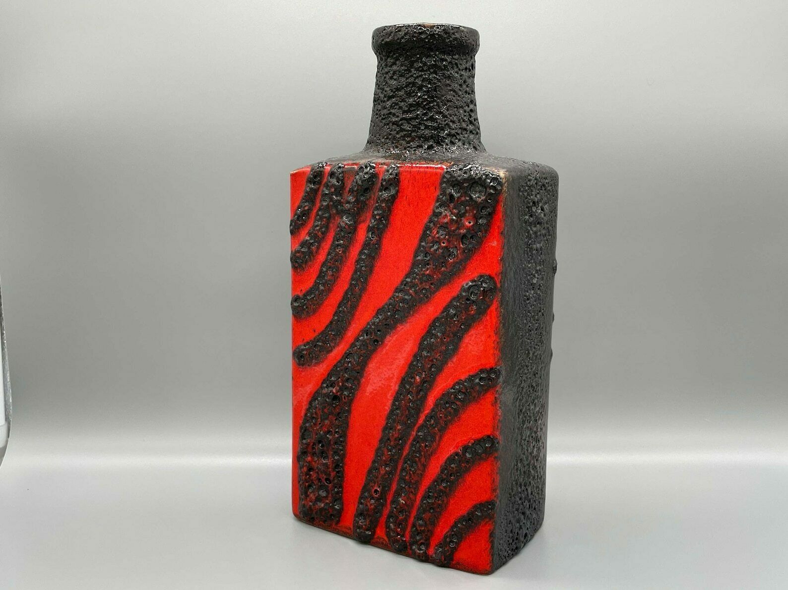 Roth Ceramic Square Bottle Vase Fat Lava Red Black Germany 1970s photo Home Decor