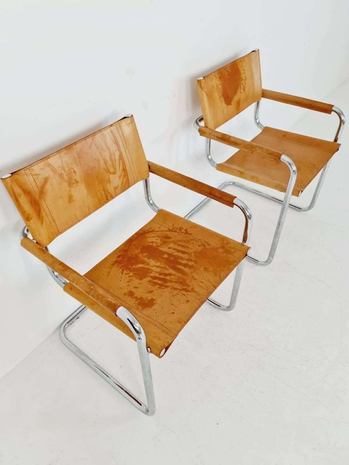 Set Of Tow Bauhaus Cognac Original Desk Chair By Mart Stam & Marcel Breuer For Fasem Italy 1980s photo furniture