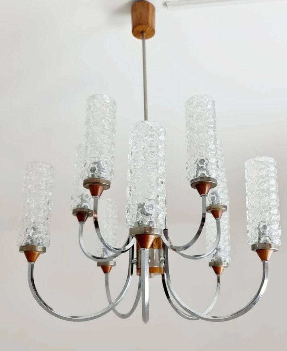 Rare Vintage Scandinavian Chrome, Rosewood & Crystal Pendant Lamp, 1960s