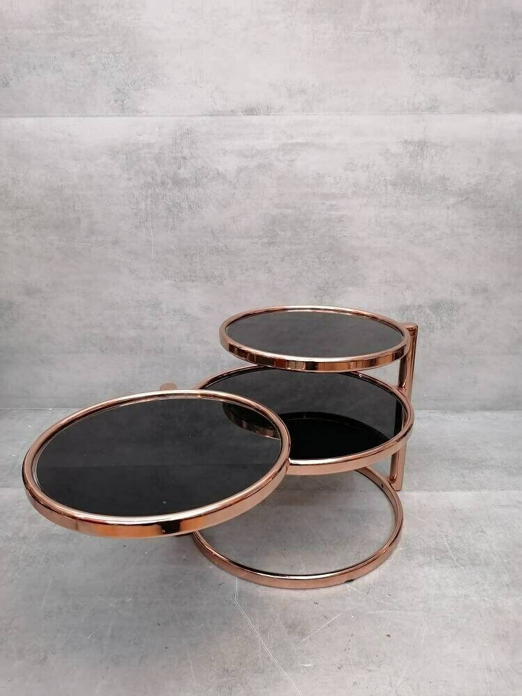 Mid Century Rose Gold And Black Glass 3 Tier Swivel Coffee Table By Milo Baughman Bauhaus photo for sale