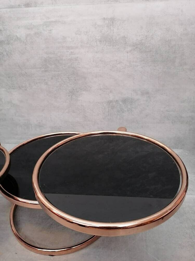 photo for sale Mid Century Rose Gold And Black Glass 3 Tier Swivel Coffee Table By Milo Baughman Bauhaus