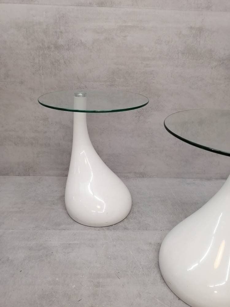1 Of 2 Mid Century Style Side Table   Night Stand Pap Art Style White And Glass photo vinterior