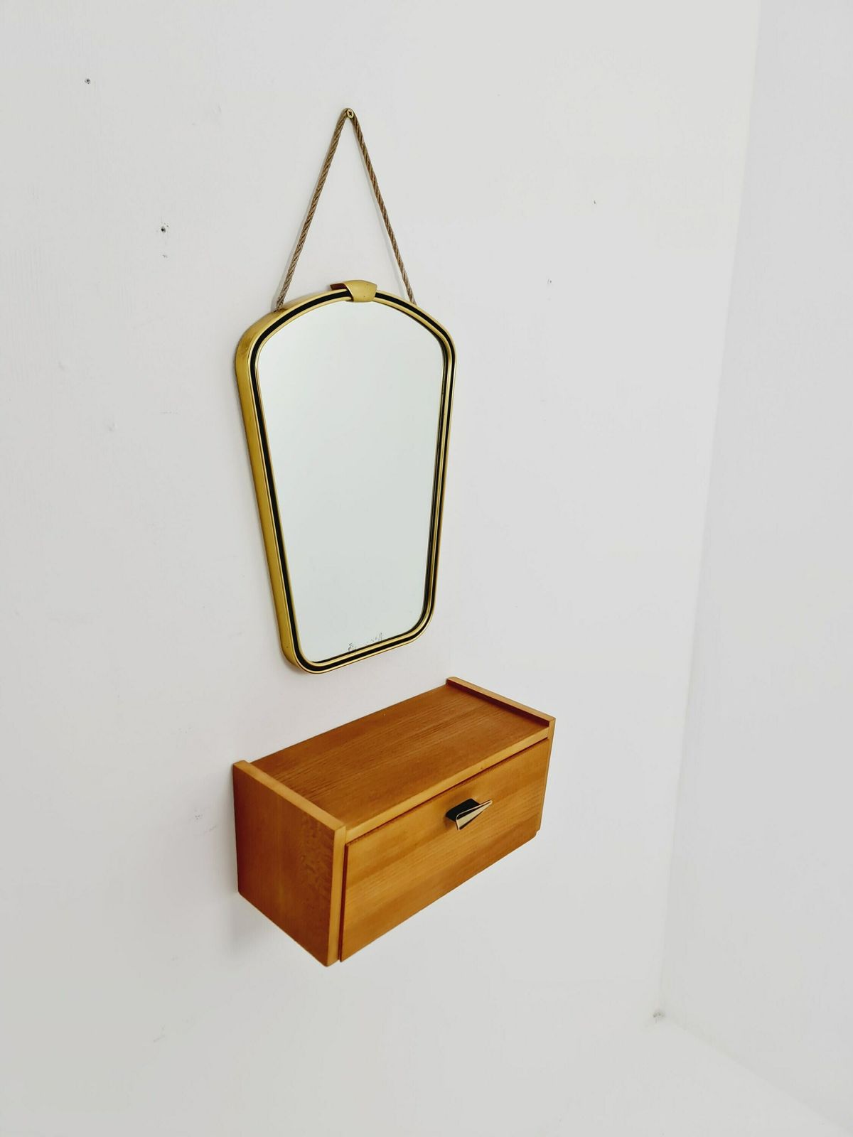 Mid Century Asymmetric German Brass Original Kidney Wall Mirror With Shelf From The 60s Model Rockabilly photo furniture