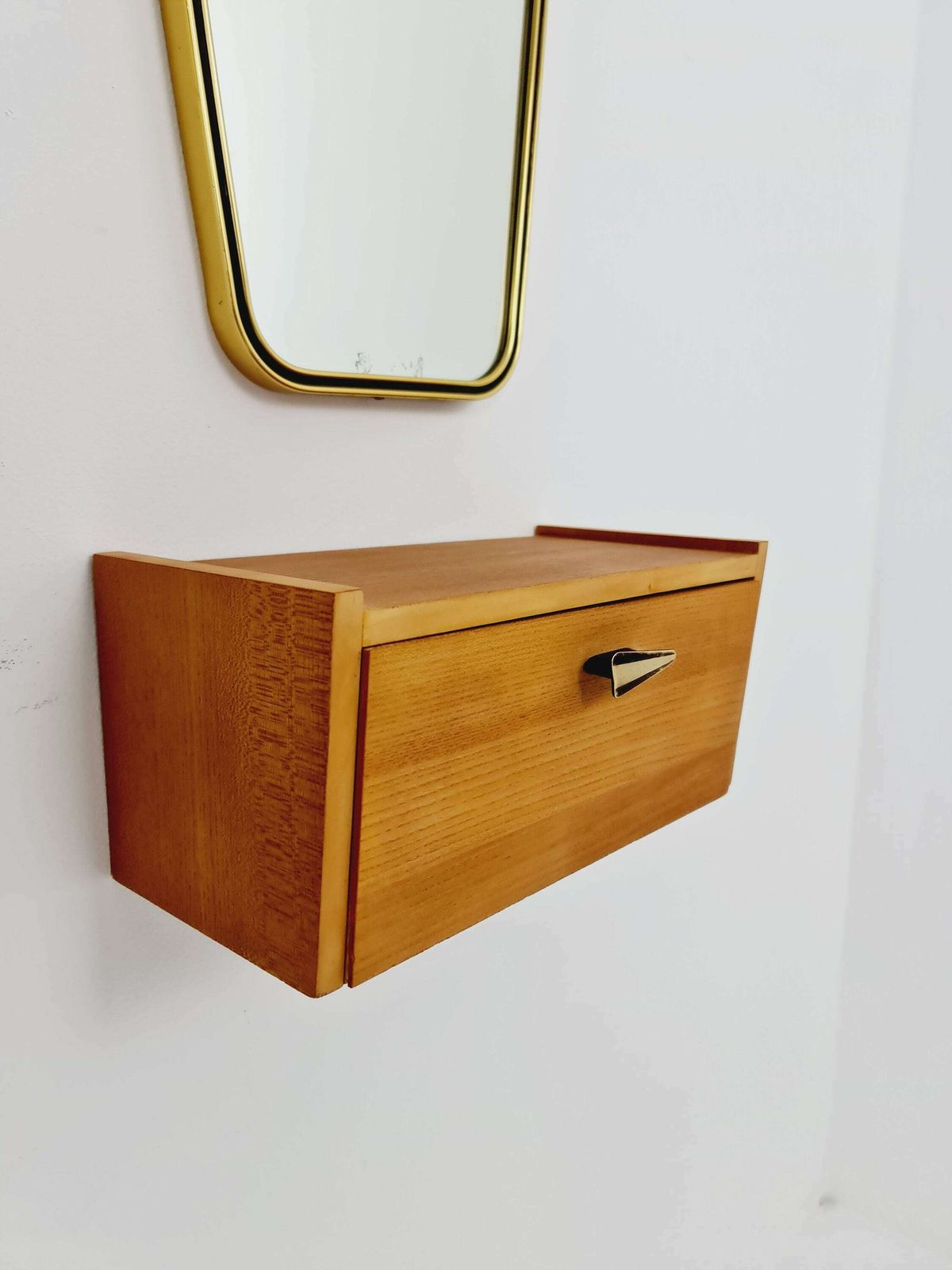 Mid Century Asymmetric German Brass Original Kidney Wall Mirror With Shelf From The 60s Model Rockabilly photo buy