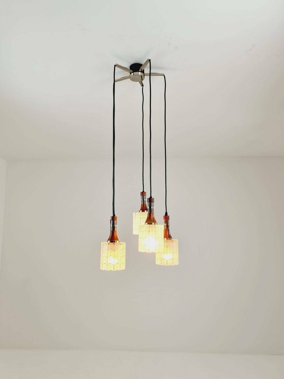 Rosewood And Glass Pendant Lamp, Doria Light Fixture, With Five Murano Textured Glass Tube Pendants, 1970s