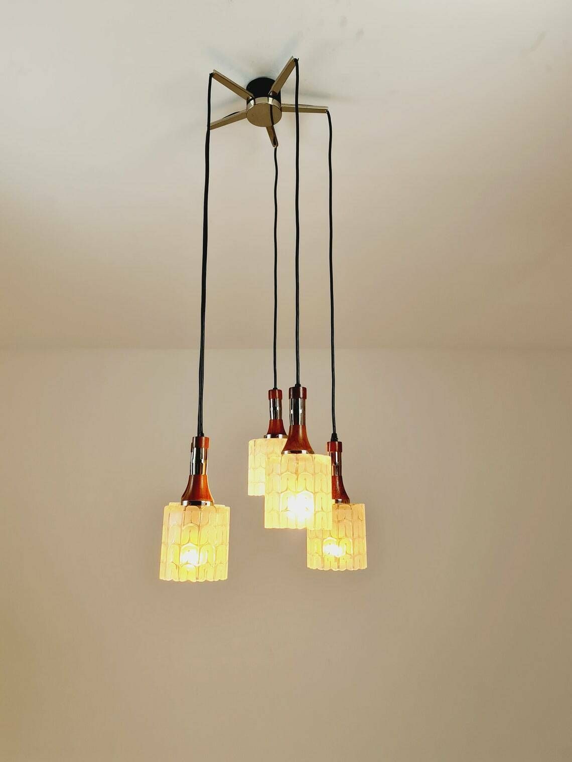 Rosewood And Glass Pendant Lamp, Doria Light Fixture, With Five Murano Textured Glass Tube Pendants, 1970s photo buy
