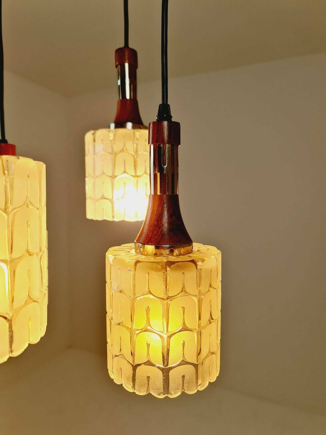 photo furniture Rosewood And Glass Pendant Lamp, Doria Light Fixture, With Five Murano Textured Glass Tube Pendants, 1970s
