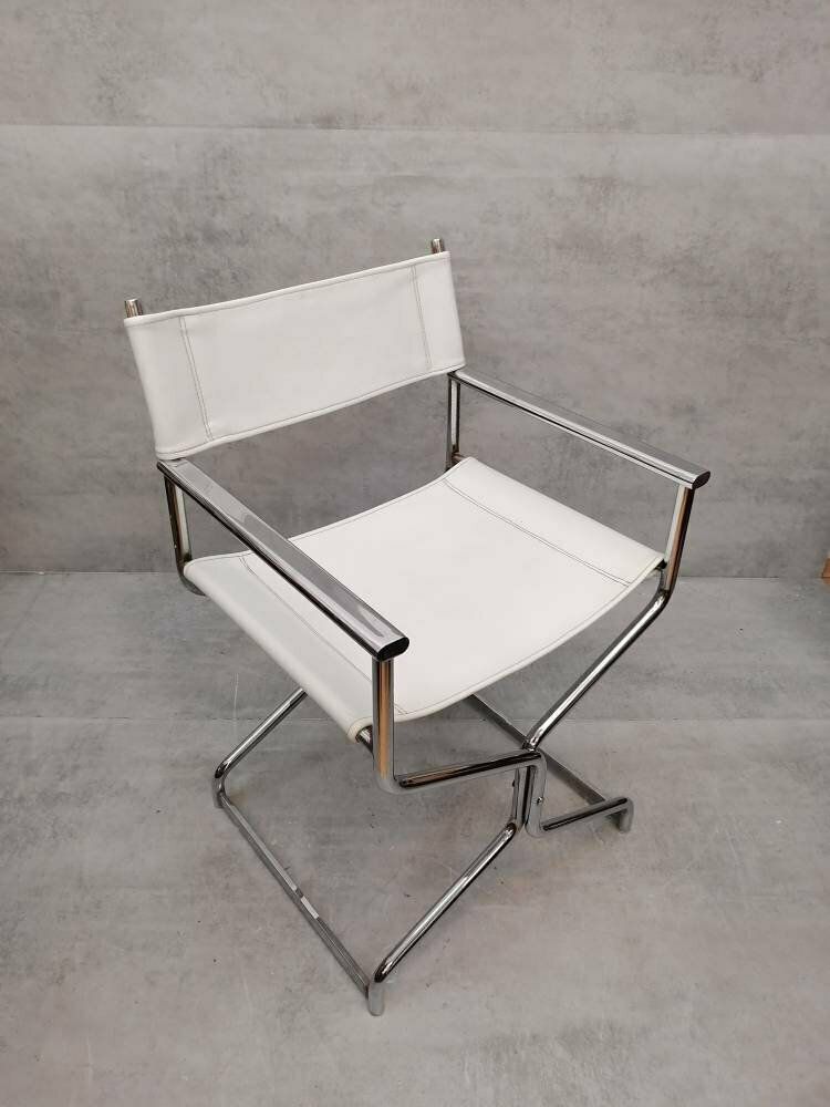Mid Century Modern Arrben Director's Chair In Chrome And White Leather 1980s photo vintage