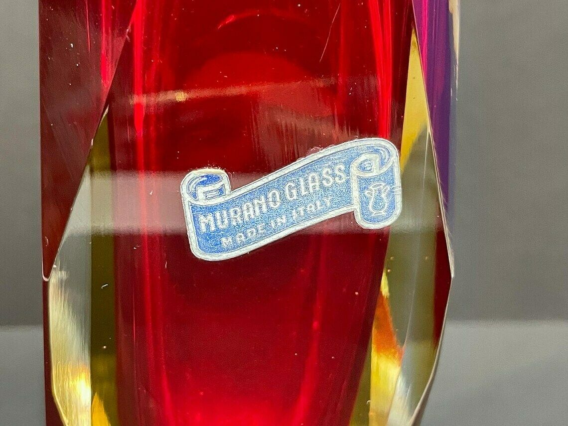 Mandruzzato Vase, Murano, Ruby Red And Yellow Summer Ovase With 12 Facets, Signed, 1960s photo for sale