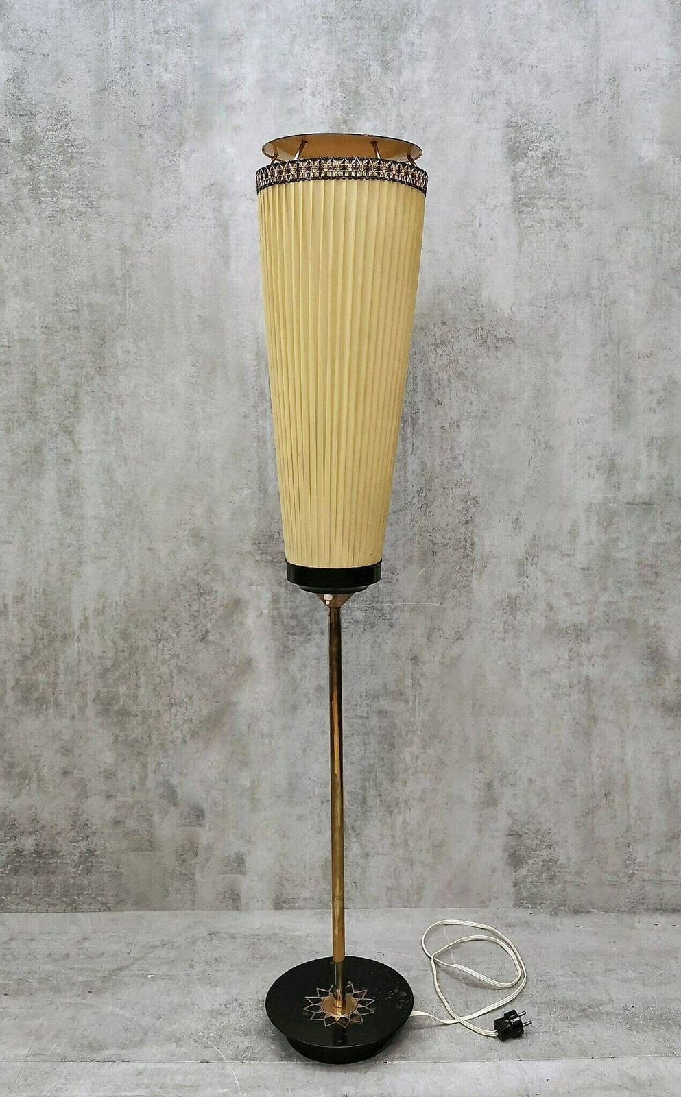 Mid Century Modern Brass And Illustrated Fabric Floor Lamp, 1950s, Germany photo furniture