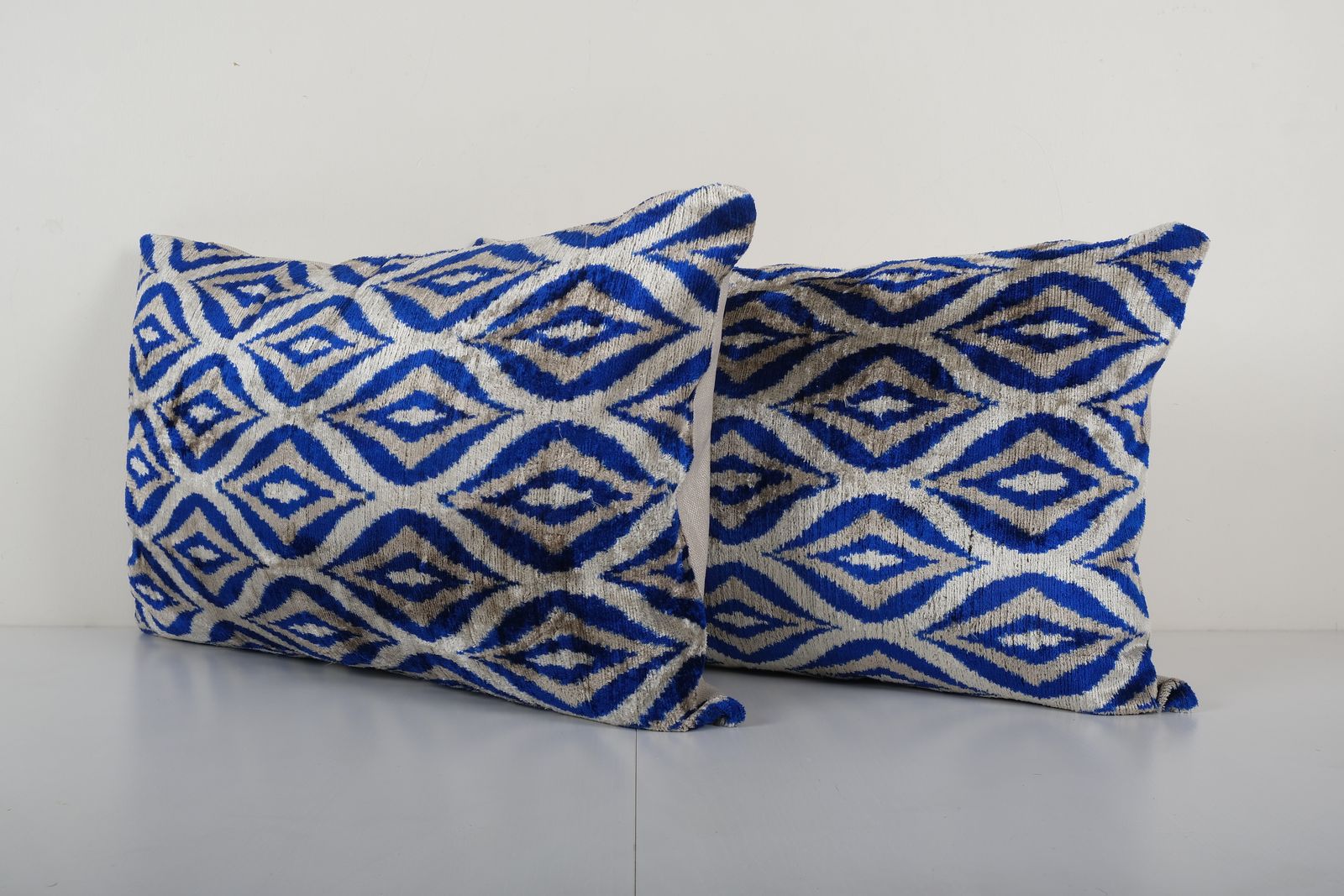 Set Silk Velvet Pillow Cover, Pair Blue Geometric Ikat Velvet Pillow Cover 15'' X 24'' photo furniture
