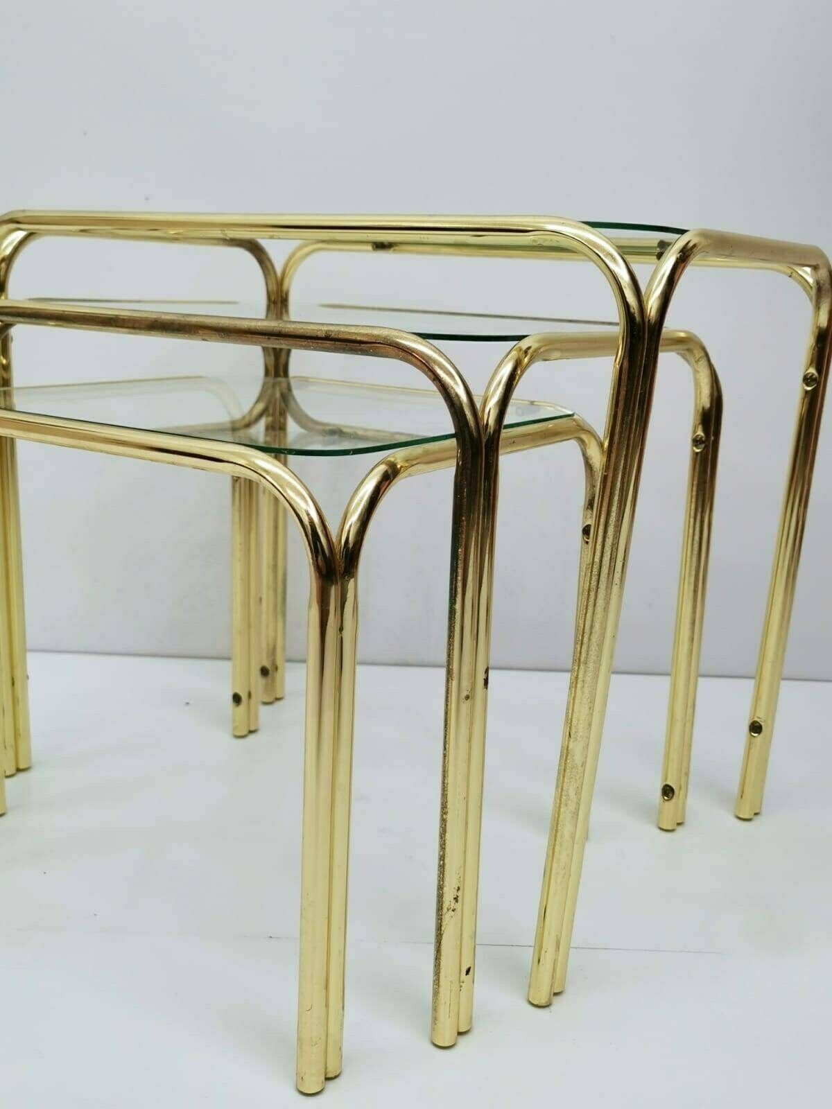 Set Of 3 Mid Century Modern Gold Brass And Smoked Glass Stand Table Set, Living Room Organiser, Or Flower Table 1960s photo 377.0