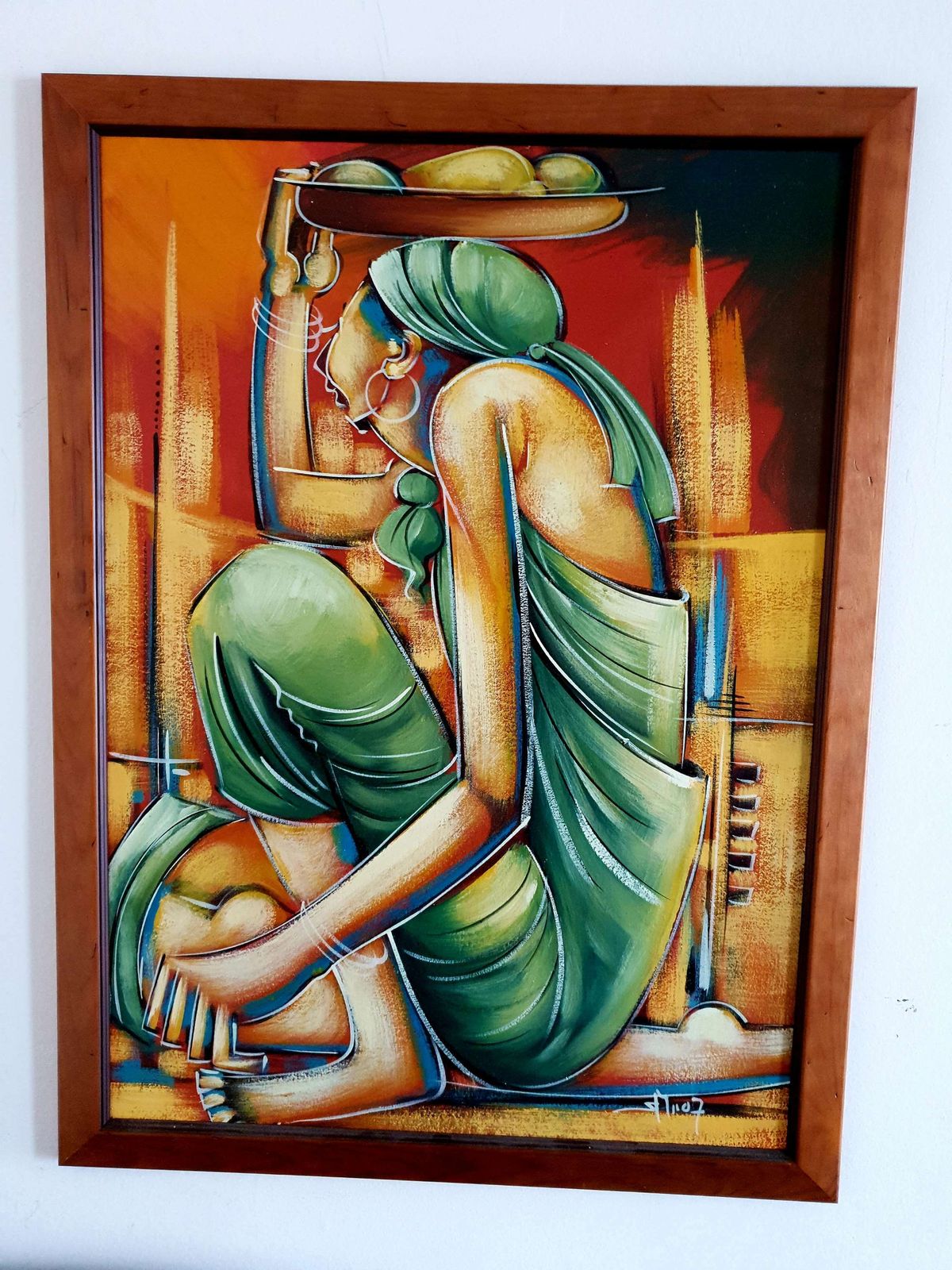 Large, Colourful, African Painting In Recycled, Polished Wood Frame