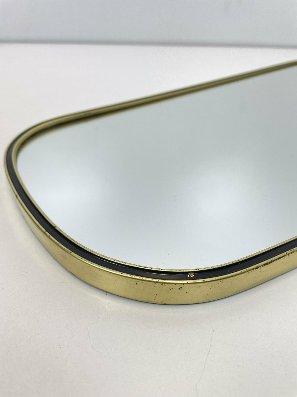 Mid Century Asymmetric German Brass Original Kidney Wall Mirror With 2 Brass Hangers, 1960s photo vinterior