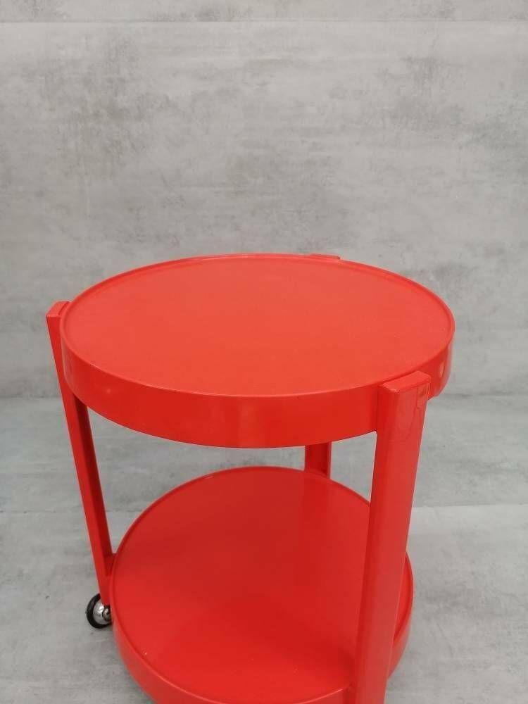 Midcentury Orange Plastic And Metal Chrome Round Italian Bar Cart, 1950s photo for sale