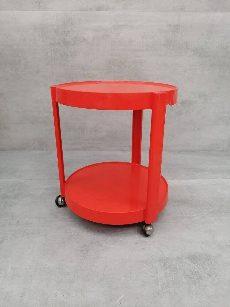 Midcentury Orange Plastic And Metal Chrome Round Italian Bar Cart, 1950s photo vinterior